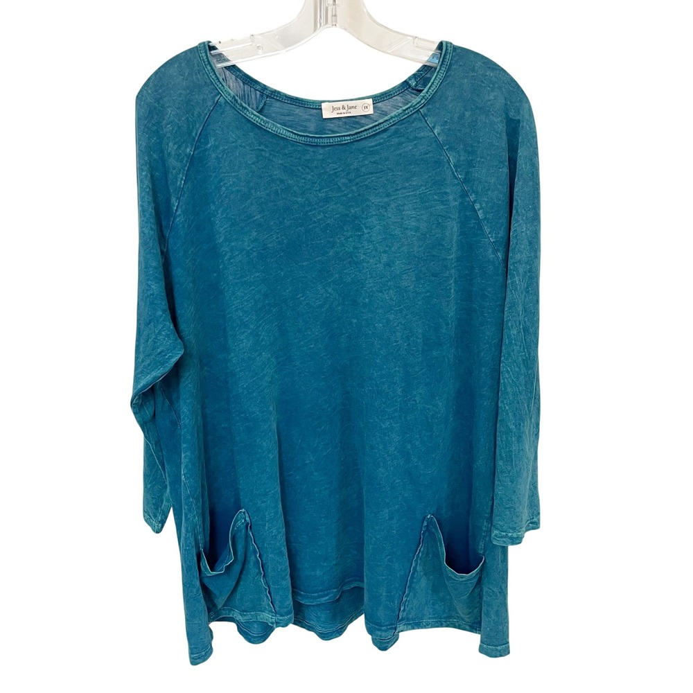 Jess & Jane Teal Mineral Wash Cotton Pocket Top Size 1X Artsy Boho Lagenlook